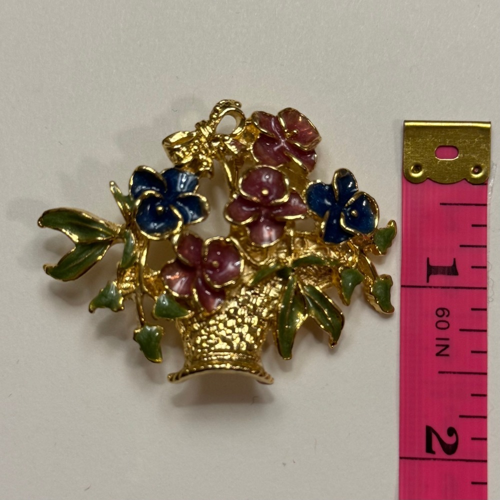 Vintage Gold Tone Enamel Flower Basket‎ Brooch Pink Blue Pansy Floral Pin